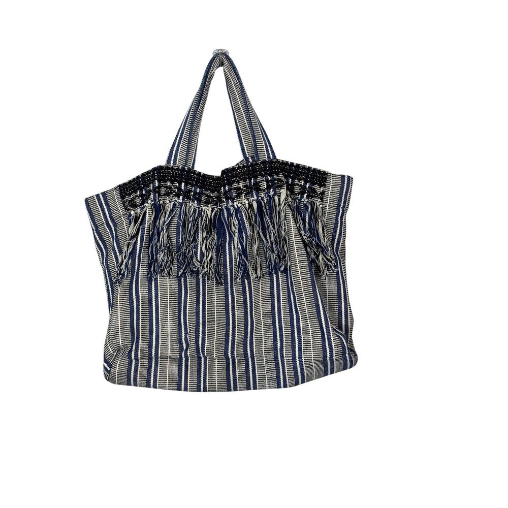 Massimo Dutti Blue Striped Woven Tote Bag Fringe Embroidered Boho Large Shopper